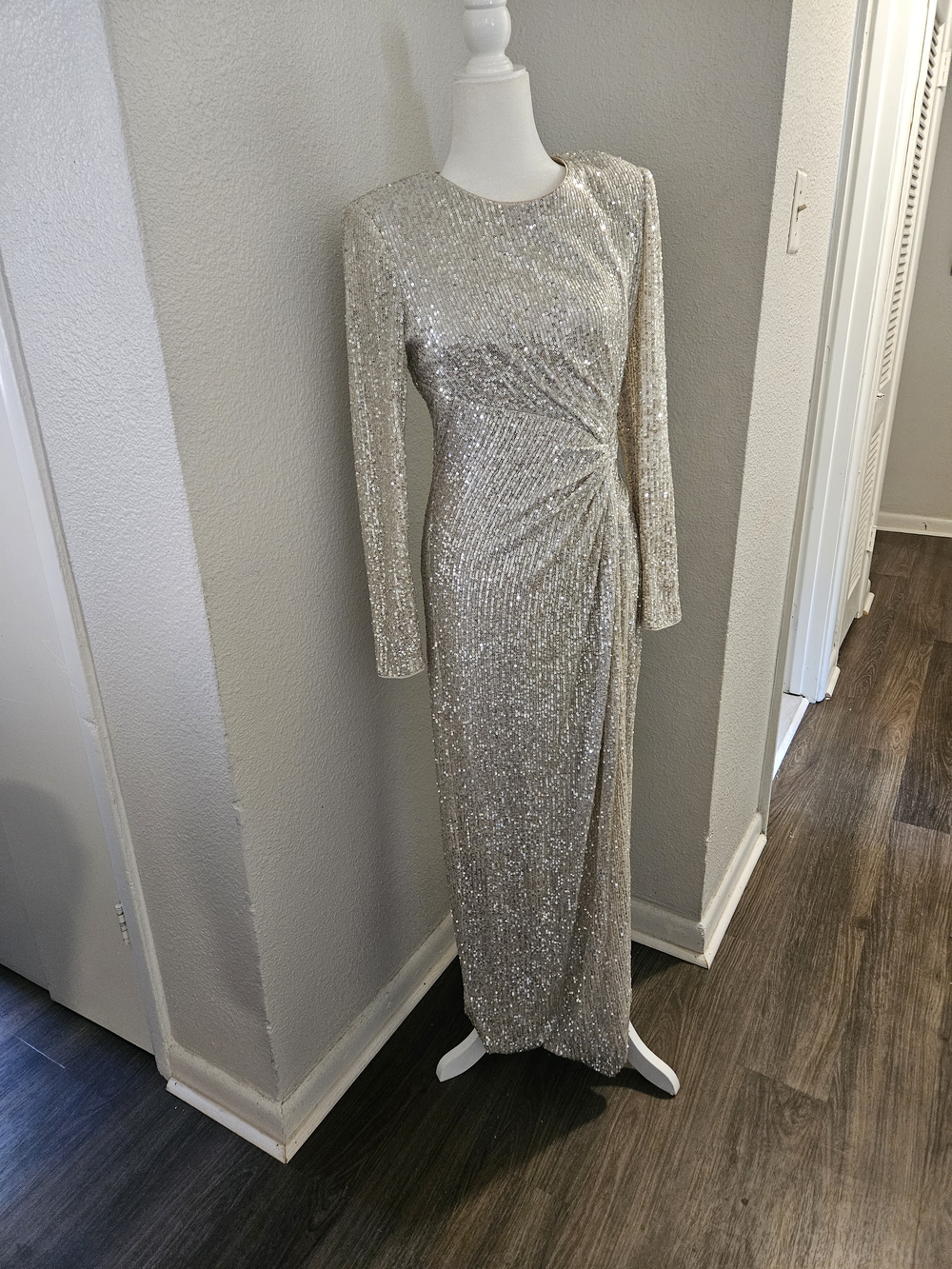 Eliza J Champagne Sequin Long-Sleeve Maxi Gown